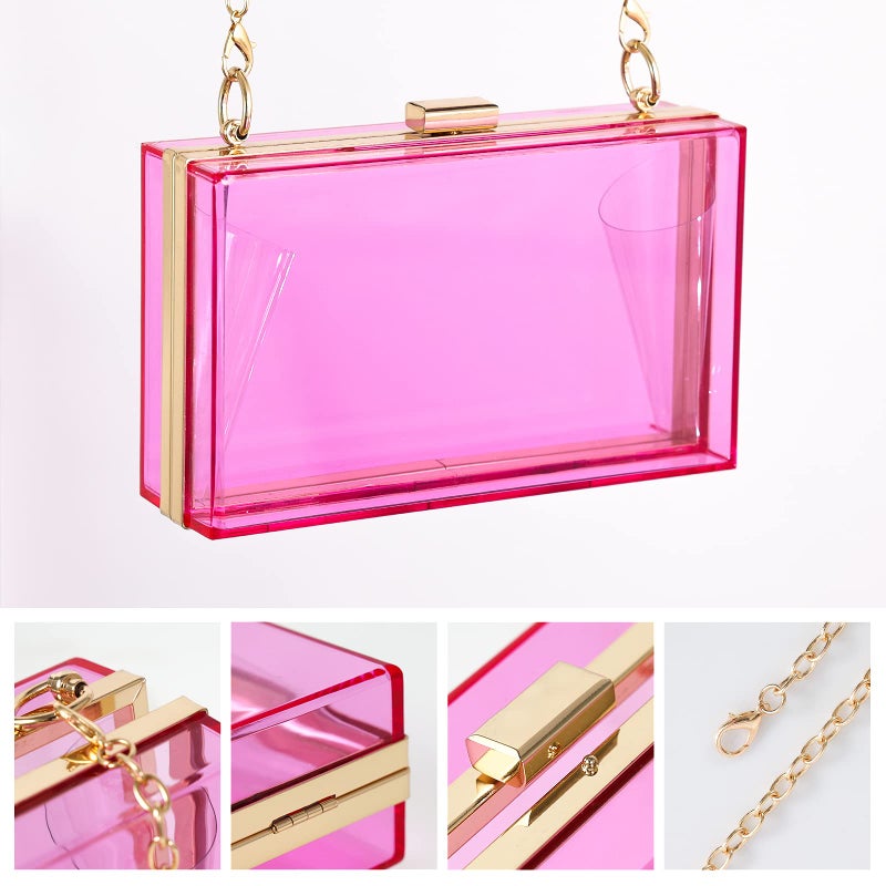 WJCD Women Clear Purse Acrylic Box Clutch Handbag, Small Transparent Crossbody Evening Bag Stadium Approved Gold Chain Strap (Purple 2 chains) - Image 3